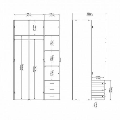 Bolmen garderobeskab 116 cm 3 låger - Hvid højglans