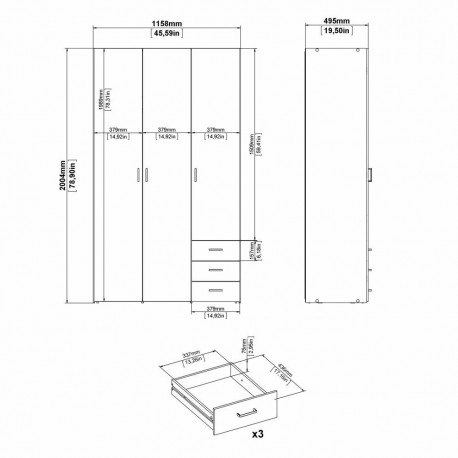 Bolmen garderobeskab 115 cm 3 låger - Hvid /Hvid mat