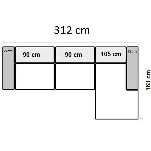 312cm Højrevendt med 2 sæder