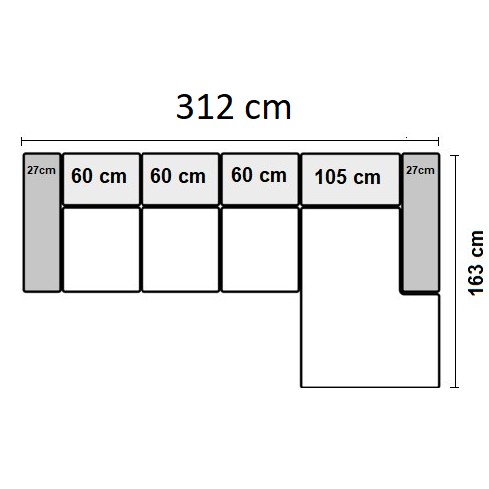 312cm Højrevendt med 3 sæder