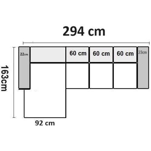 294 cm x 163 cm med 3 sæder Venstrevendt