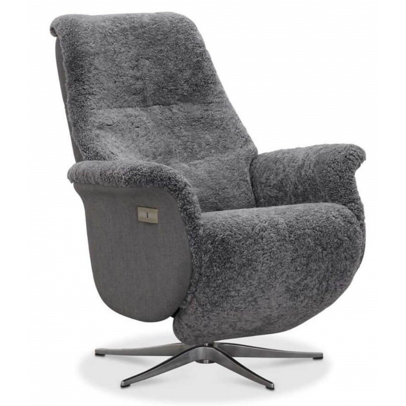 Ullrik lænestol - lysegrå fåreskind/stof, med drejefunktion, justerbar ryglæn/fodstøtte, med el
