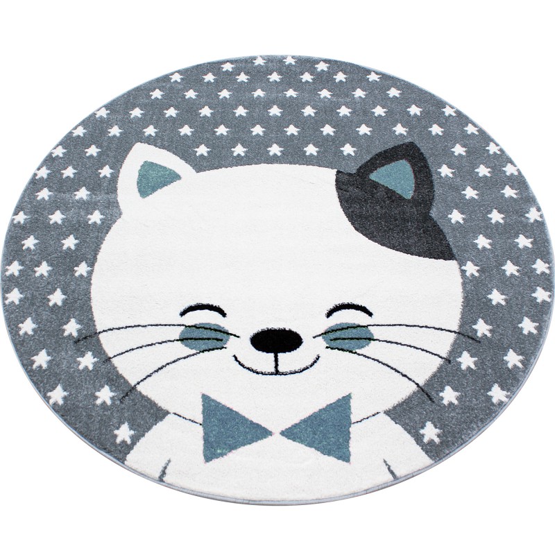 Kids Rund Børnetæppe Kat - Blå - 120x120 (Rund)