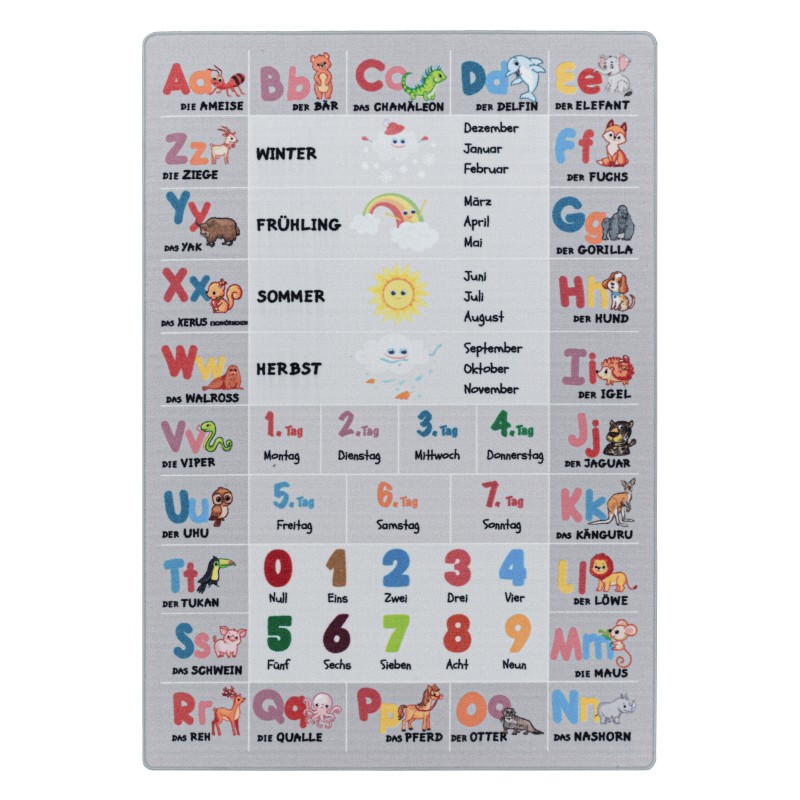 Play Børne Tæppeløber Alfabet - bogstaver - tal - dyr - Grå - 80x120 (Løber) billede