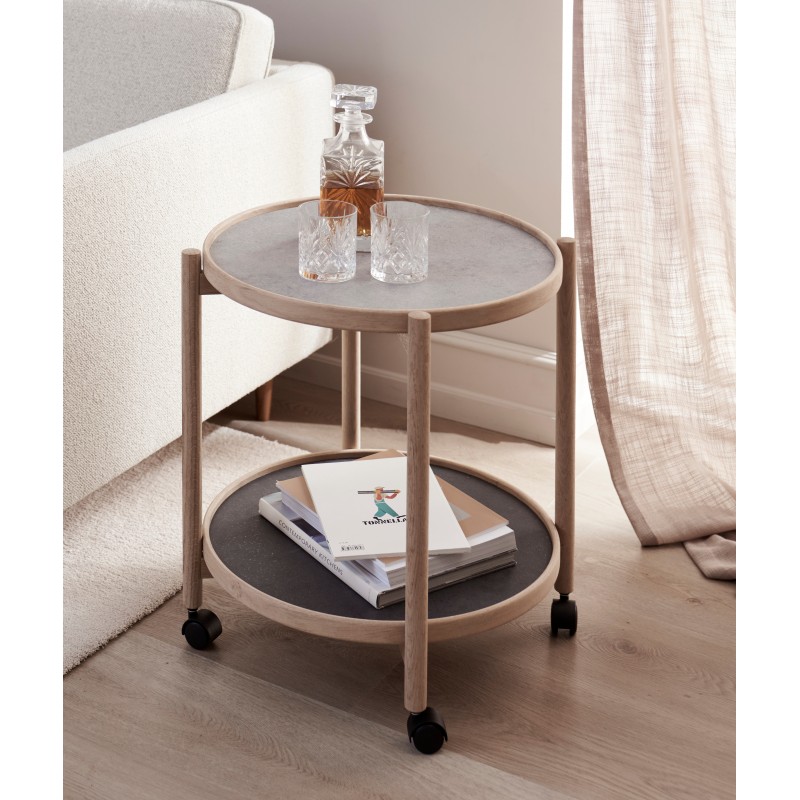 Thomsen Furniture - James Rullebord Ø50 med Hjul Mørkgrå og  granitgrå sten look