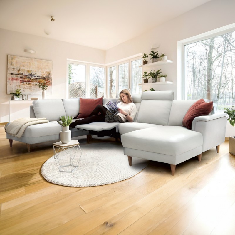 Hjort Knudsen Ballerup - Hvid læder hjørnesofa med chaiselong - Højrevendt