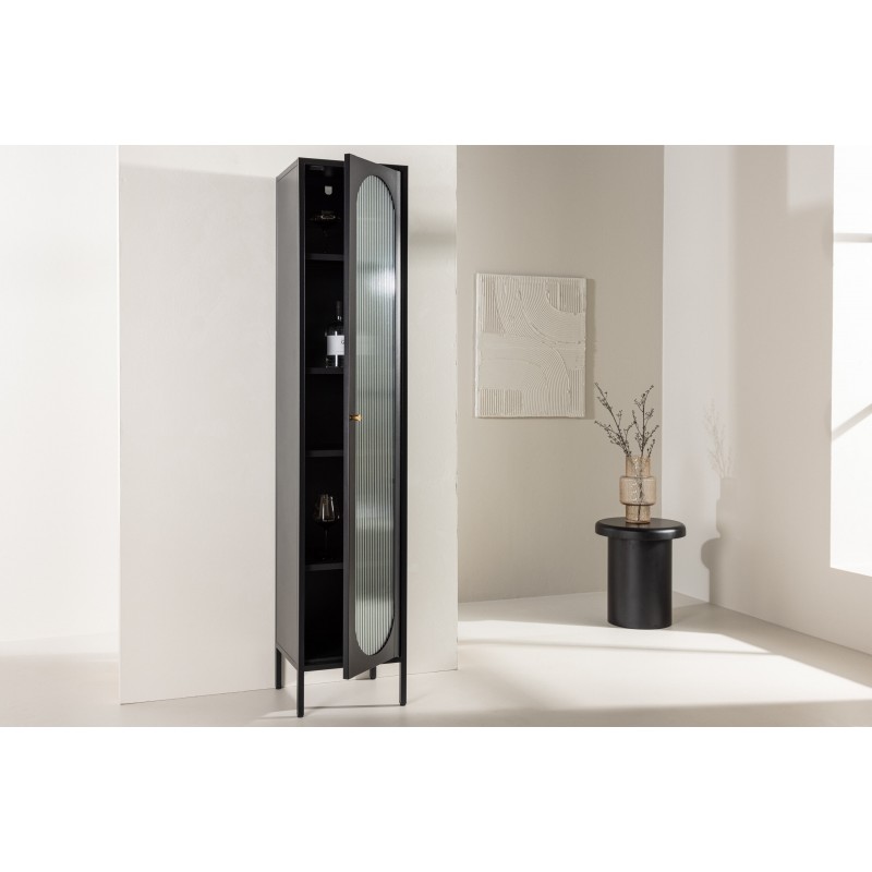 Cali Vitrineskab 37 x 180 cm med 1 låge og 4 hylder - glas og sort stål billede