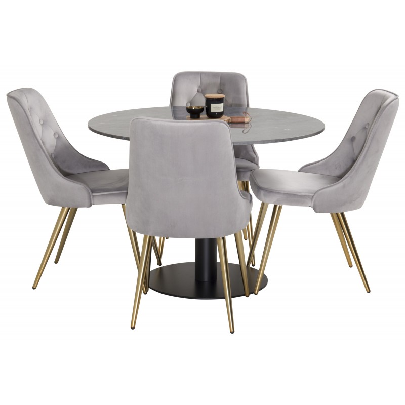 Estelle Rundt Spisebordssæt - Sort, Messing og Lysegrå