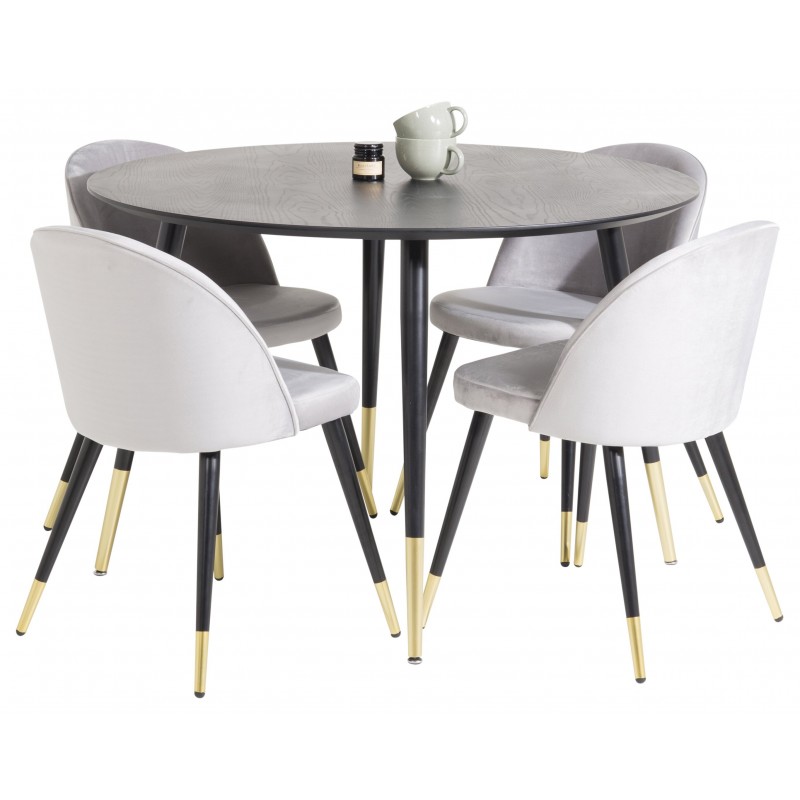 Dipp Rundt Spisebordssæt - Sort, Messing og Lysegrå