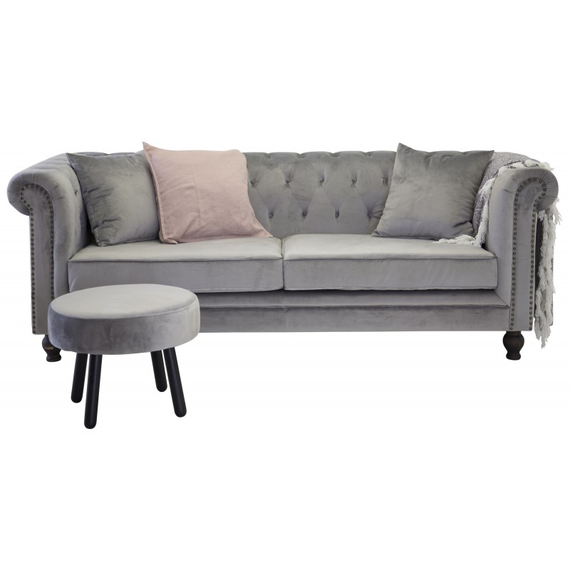 Velvet 3 personers Sofa - Lysegrå og Natur billede