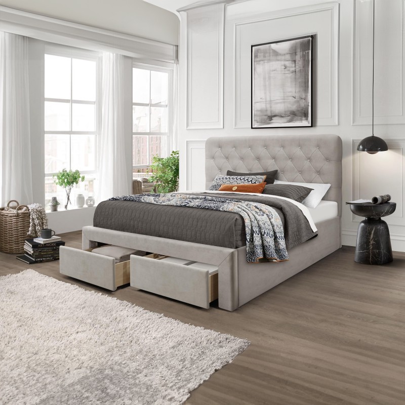 MARISOL 160x200 cm seng med skuffe til Opbevaring - Beige velour billede