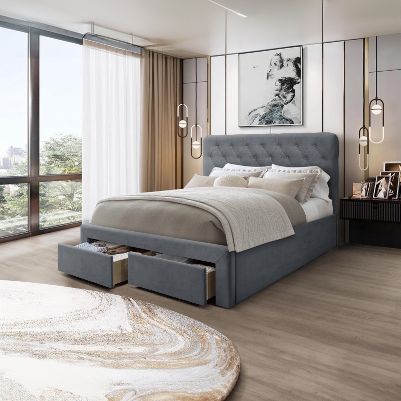 MARISOL 160x200 cm seng med skuffe til Opbevaring - Grå Velour billede