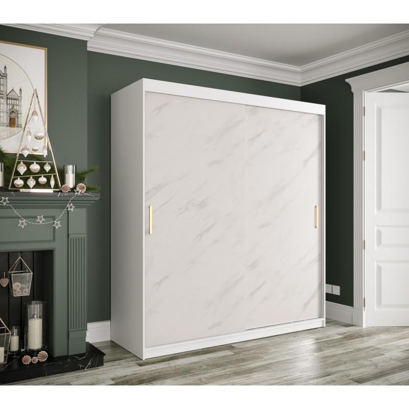 MARMUR T Garderobeskab med Skydedøre – 180 cm – Glamourstil i Sort eller Hvid med Marmordesign