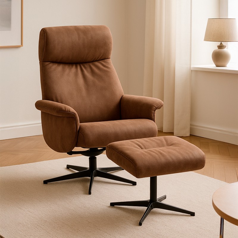 Tristan lænestol med fodskammel - Almond Bull microfiber læder