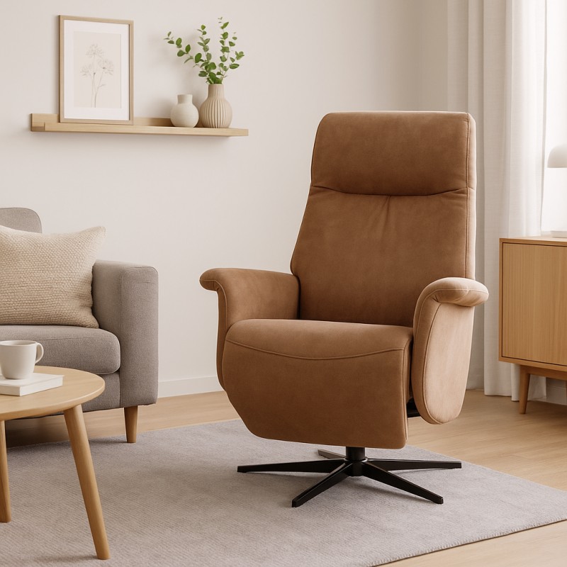 Tristan lænestol m. indbygget skammel og manuel justering - Almond Bull microfiber læder