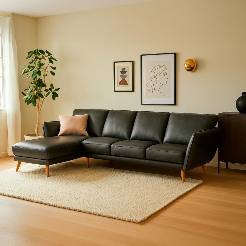 Hjort Knudsen - Liam Chaiselong sofa Sort læder- Venstrevendt