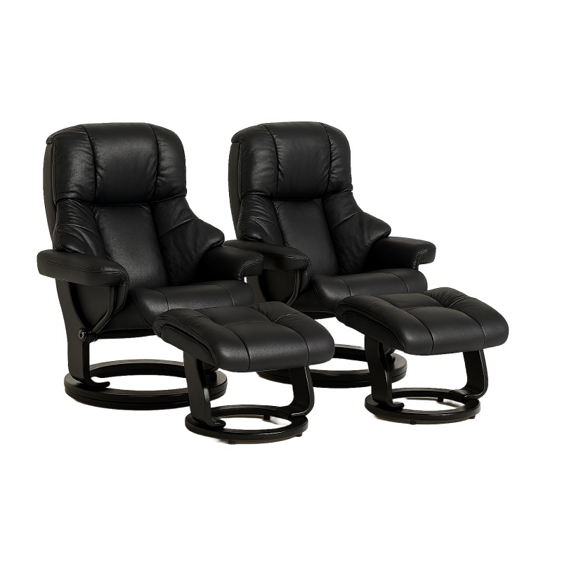 2 x Crown Lænestole med skammel Læder - sort