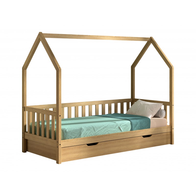 Seng til børn i eg - Nature husseng med skuffe (90×200 cm)