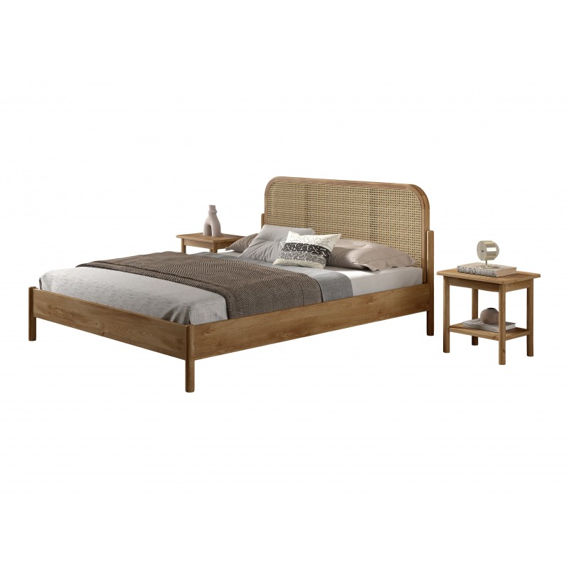 Dobbeltseng i eg med rattan gavl – Olive 160 x 200 cm + 2 natborde billede