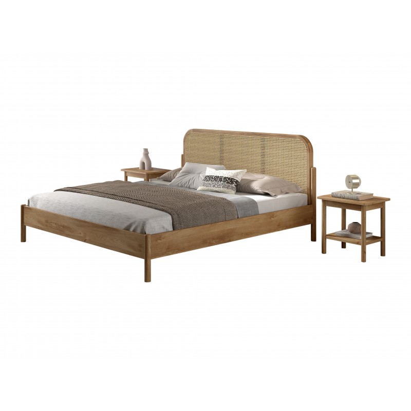 Dobbeltseng i eg med rattan - Olive 180 x 200 cm inkl. 2 natborde