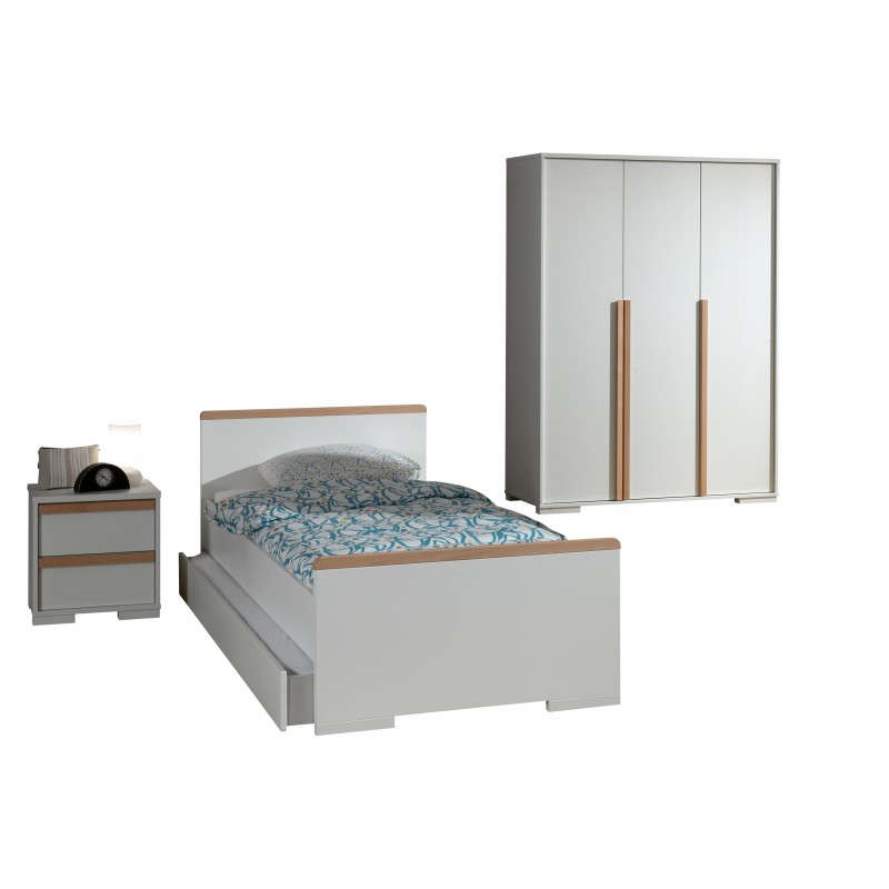 Børneværelse sæt London – seng 90×200 med skuffe, natbord og 3-dørs garderobeskab – hvid billede