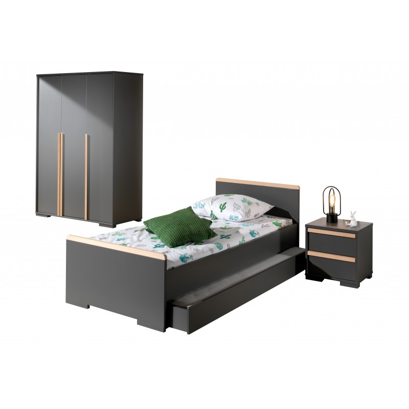 Børneværelses sæt London – seng 90×200 med skuffe, natbord og 3-dørs garderobeskab – antracit billede