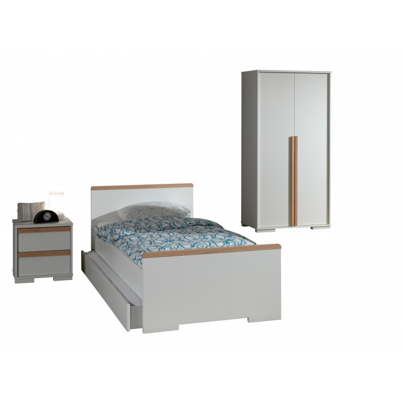 Børneværelses sæt London – seng 90x200 med skuffe, natbord og 2-dørs garderobeskab – hvid billede