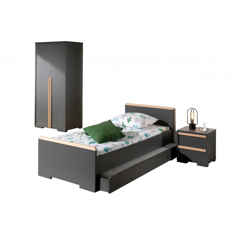 Børneværelse sæt London – seng 90×200 med skuffe, natbord og 2-dørs garderobeskab – antracit billede