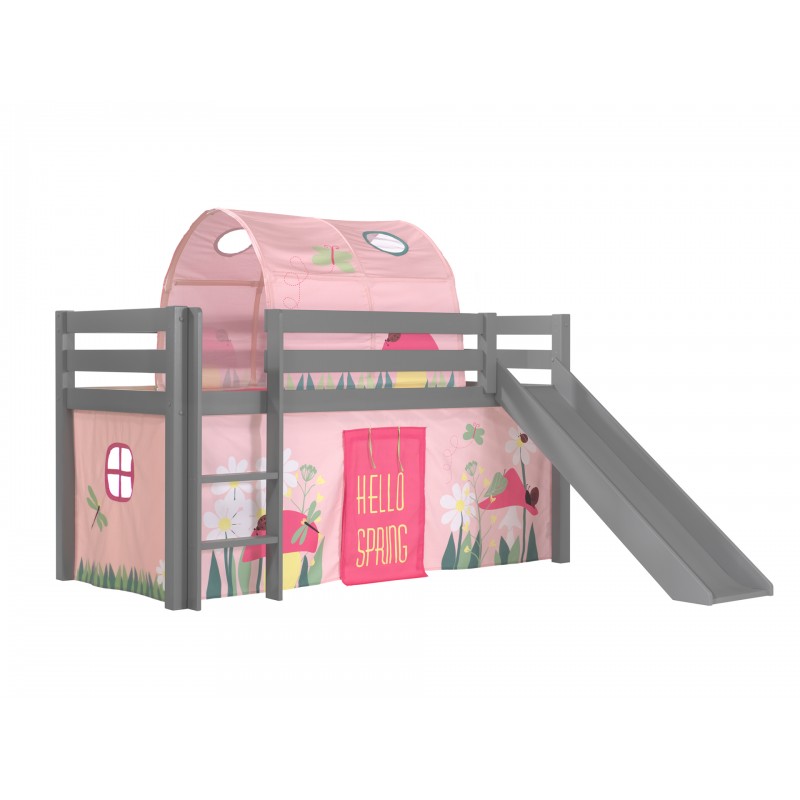 Halvhøj seng med rutsjebane - Pino, grå, forhæng og tunnel Spring