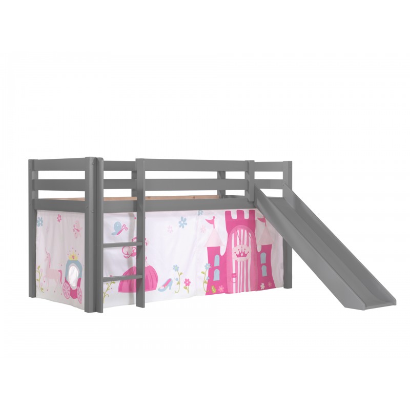 Halvhøj børneseng med rutsjebane – Pino, grå, Princess forhæng billede