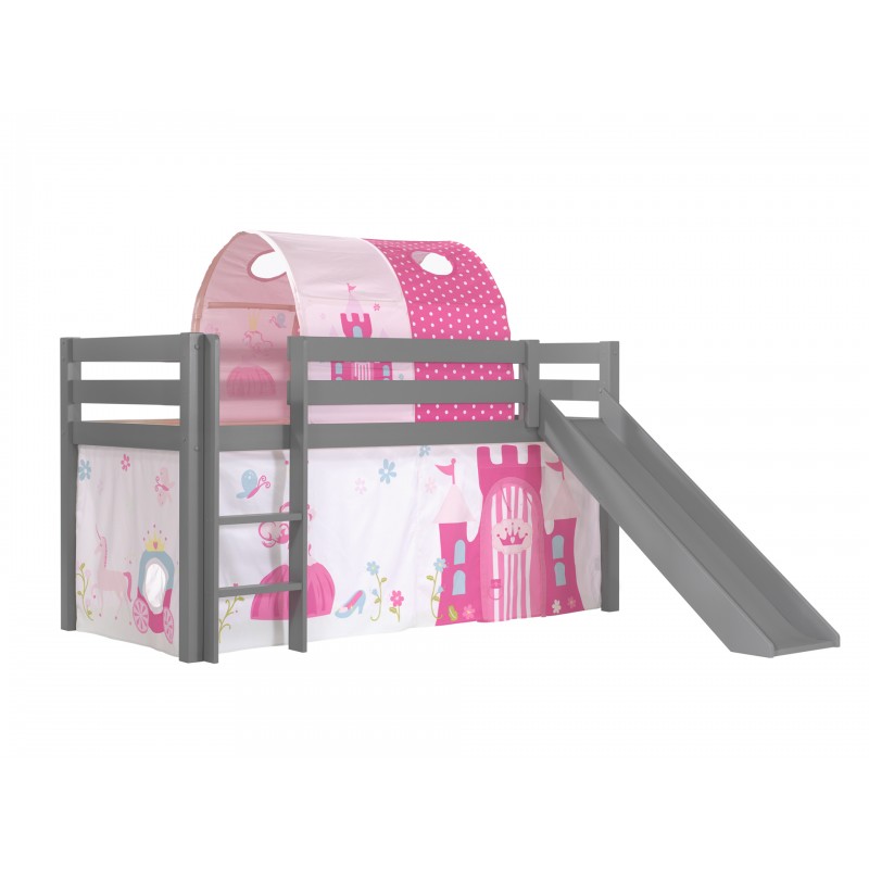 Halvhøj seng med rutsjebane Pino - grå med Prinsesse gardin og tunnel
