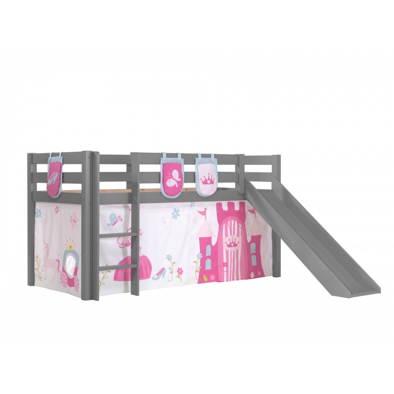 Halvhøj seng med rutsjebane – Pino, grå med prinsesseforhæng billede