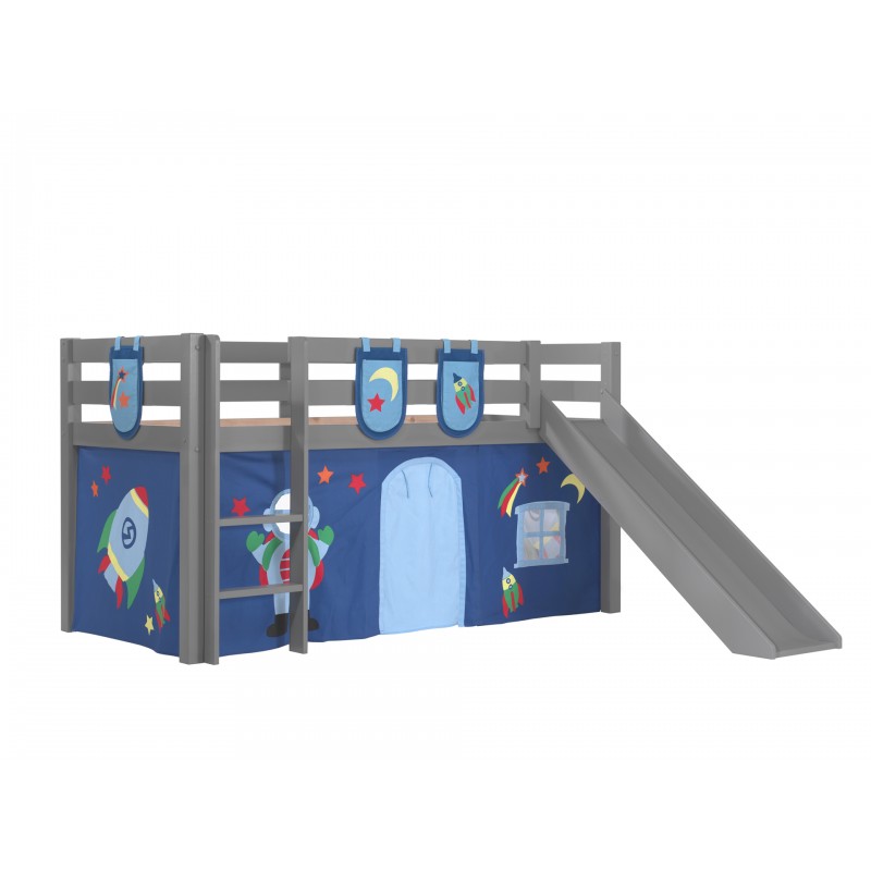 Halvhøj seng med rutsjebane - Pino, grå, Astro forhæng og lommer