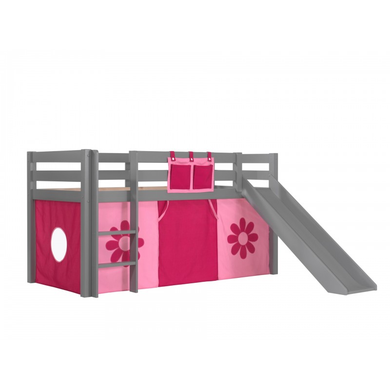 Halvhøj seng med rutsjebane – Pino, grå med pink Flower forhæng billede