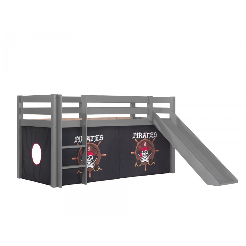 Halvhøj seng med rutsjebane – Pino, grå, piratforhæng billede