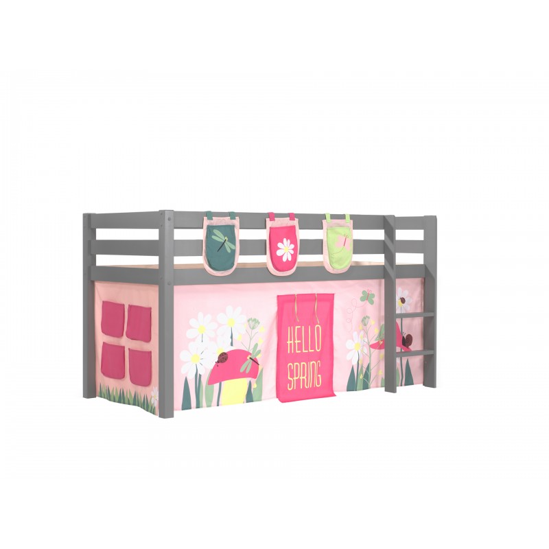Halvhøj seng til børn – Pino, grå med forhæng og lommer billede