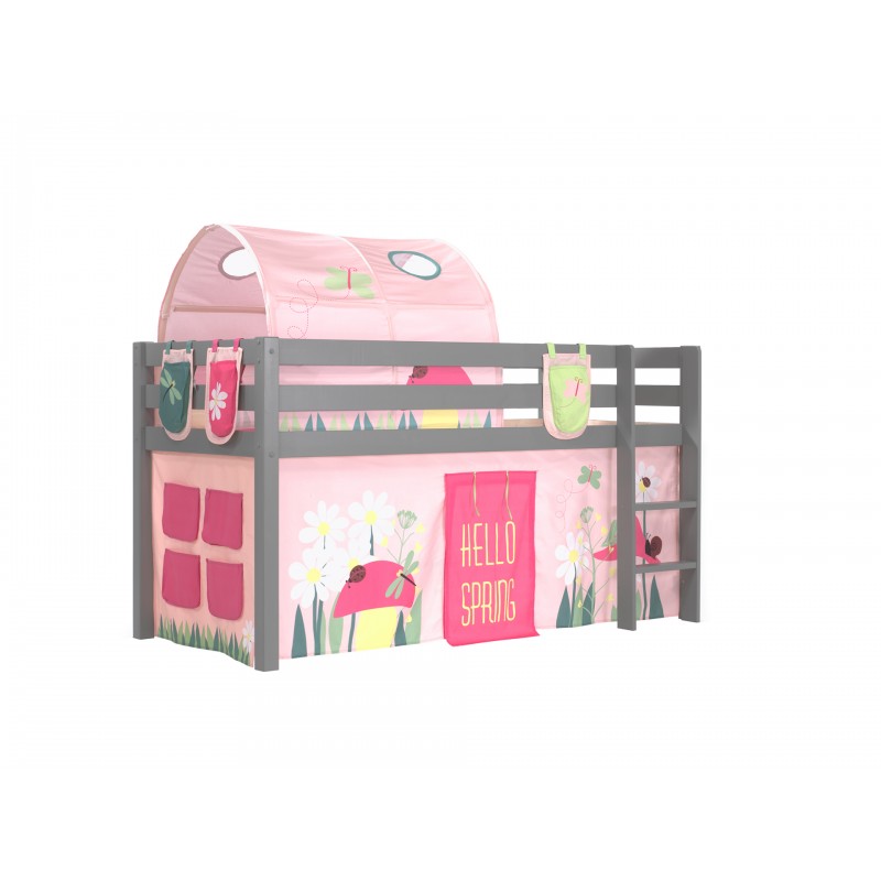 Halvhøj seng til børn PINO - grå med Spring gardin, tunnel og lommer