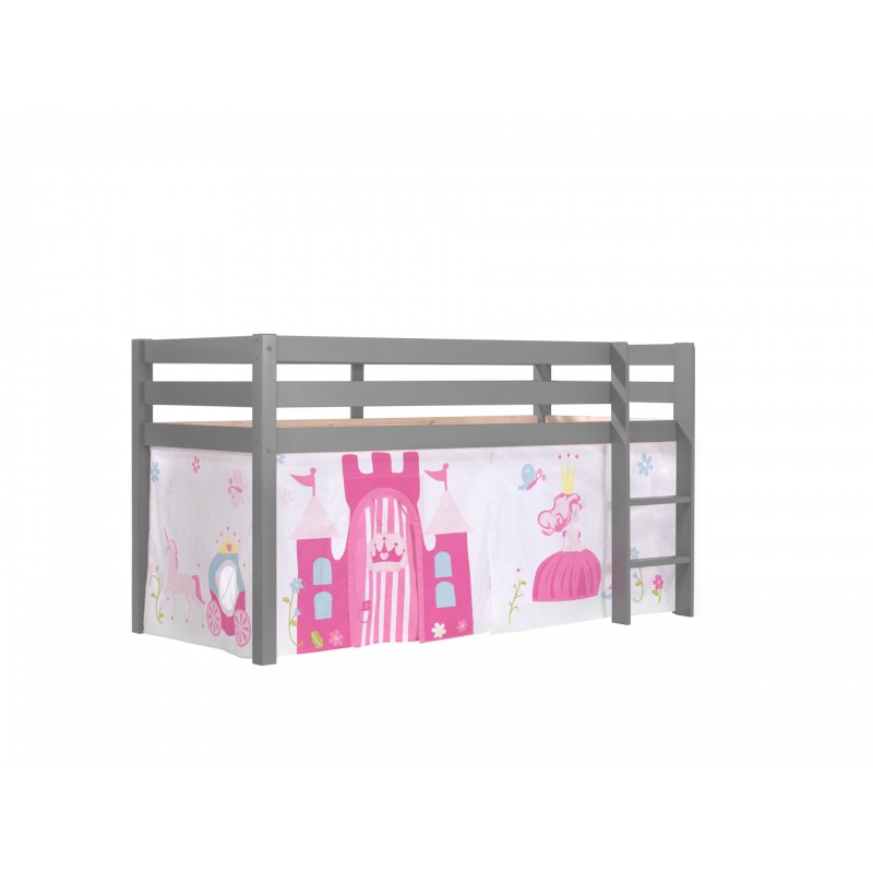 Halvhøj seng til børn Pino - grå med prinsesse-forhæng