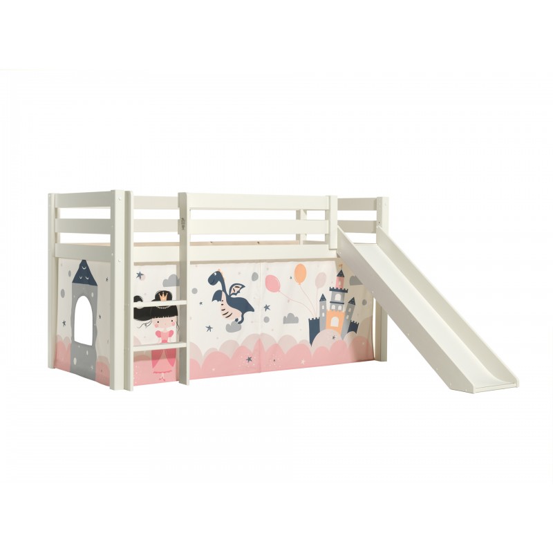 Halvhøj seng med rutsjebane – Pino, hvid, Princess Sophie forhæng billede