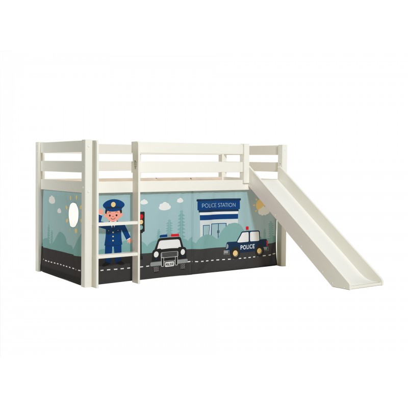 Halvhøj seng med rutsjebane – Pino, hvid, med politigardin billede