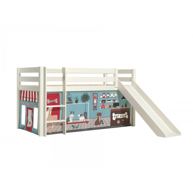 Halvhøj seng med rutsjebane – Pino, hvid, Pet Shop forhæng billede