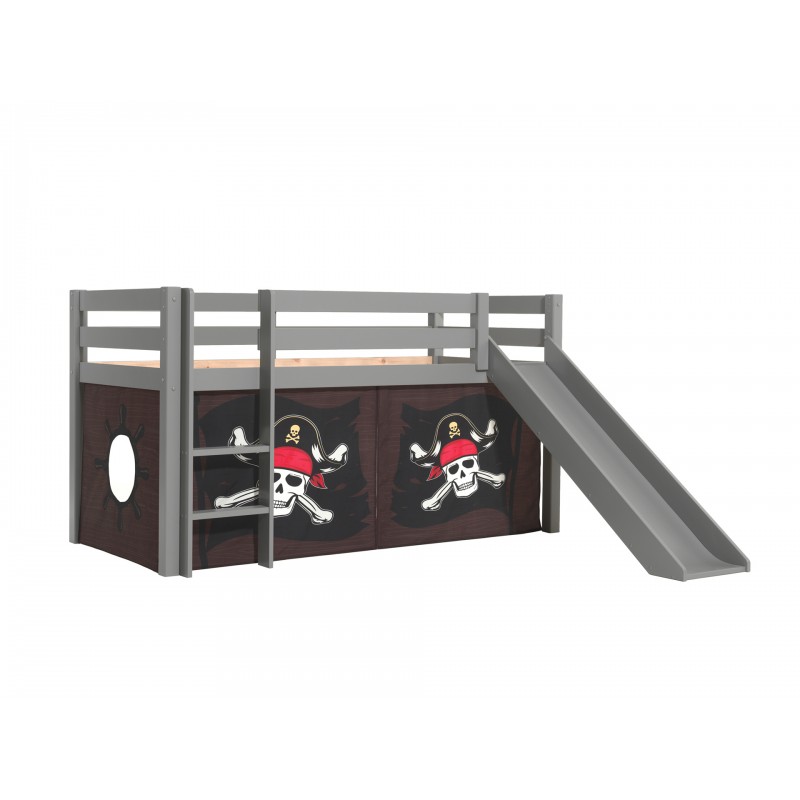 Halvhøj seng med rutsjebane – Pino, grå, Caribian Pirates forhæng billede