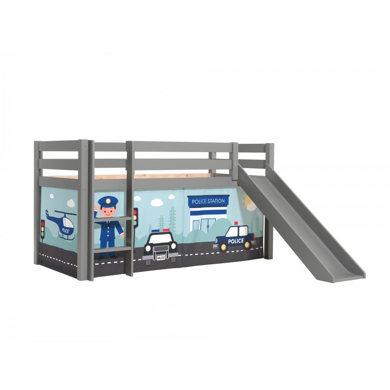 Halvhøj seng med rutsjebane – Pino, grå, med politi-forhæng billede