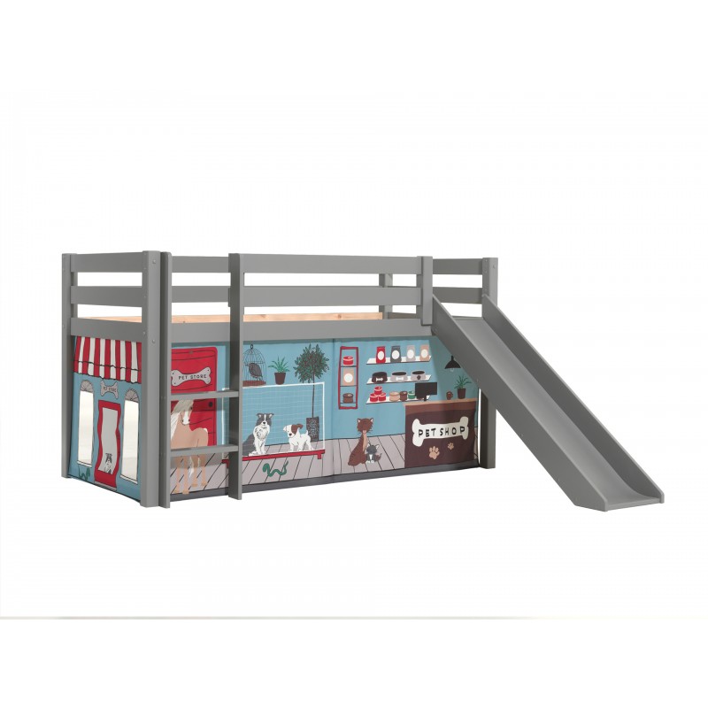 Halvhøj seng med rutsjebane – Pino, grå, med PET SHOP forhæng billede