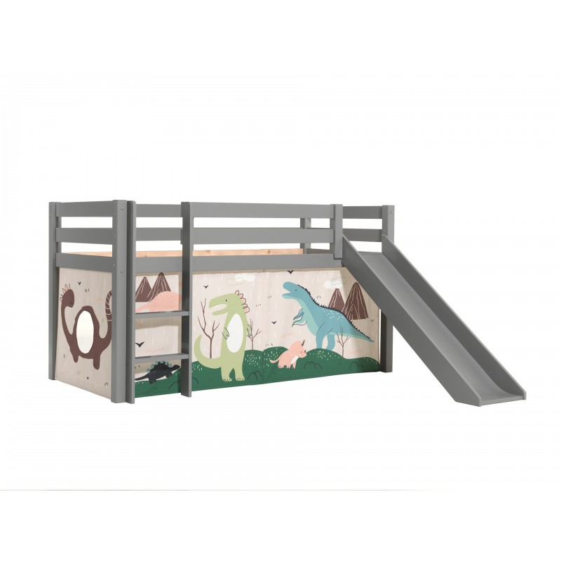 Halvhøj seng med rutsjebane – Pino, grå, med Dino forhæng billede