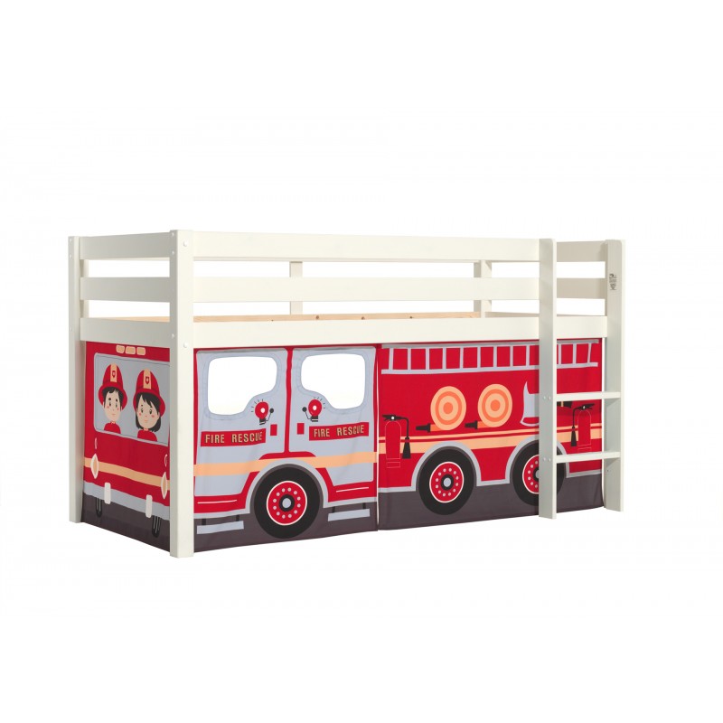 Halvhøj børneseng med forhæng brandbil - Pino, hvid