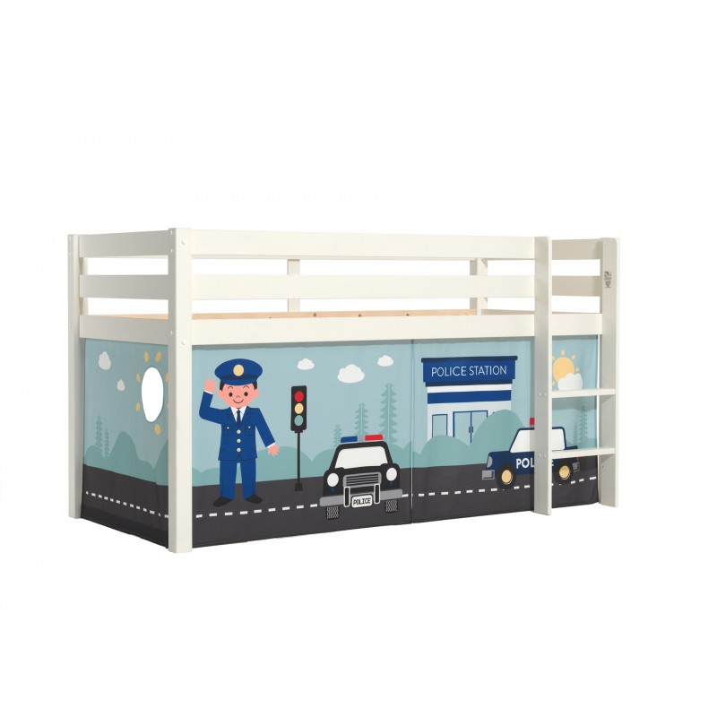 Halvhøj seng med forhæng - Pino Politibil, hvid