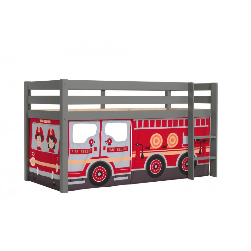 Halvhøj børneseng med brandbil-forhæng – Pino, grå billede