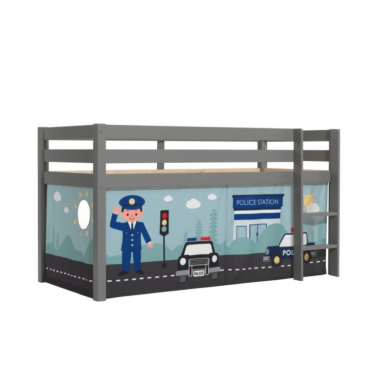 Halvhøj juniorseng med forhæng - Pino, grå, Polititema