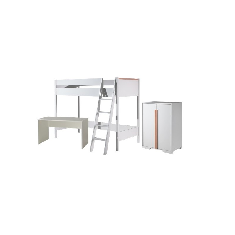 Høj juniorseng med skrivebord og garderobeskab – London sæt 90 × 200 cm, hvid billede